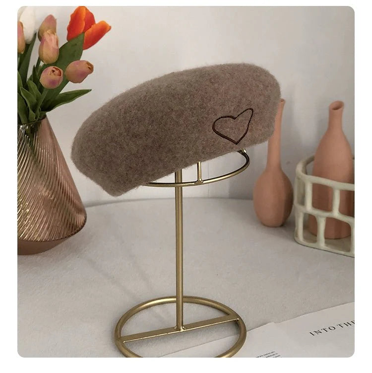 Wool Embroidered Heart Dome Beret