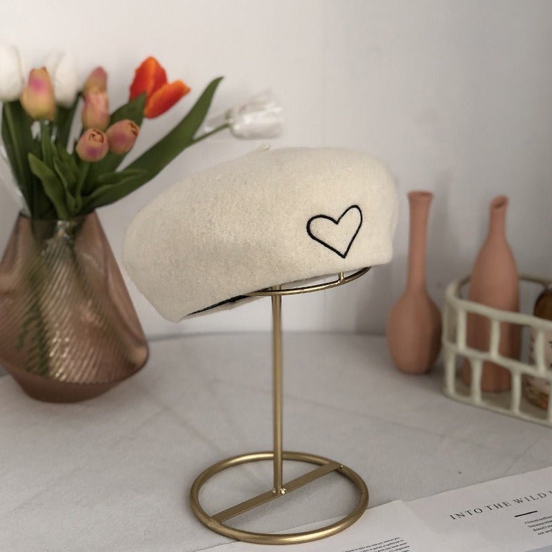 Wool Embroidered Heart Dome Beret