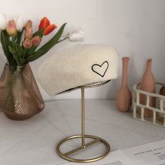 Wool Embroidered Heart Dome Beret