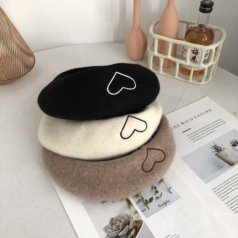 Wool Embroidered Heart Dome Beret