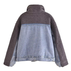 Woolen Denim Spliced Stand Collar Coat